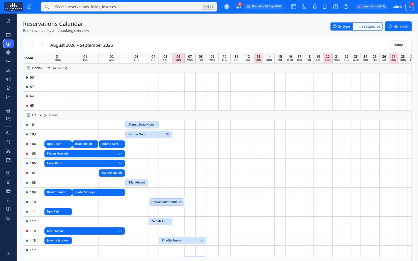Reservations calendar with drag-to-book room grid