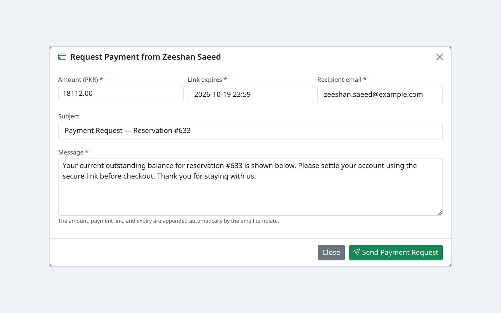 Request Payment — email the guest a secure pay-by-card link