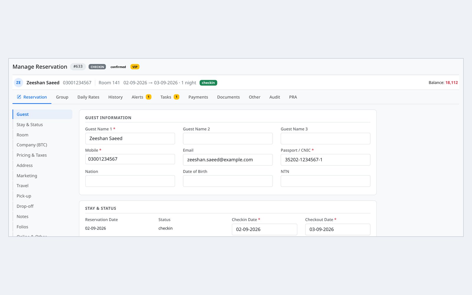 Reservation tabs — rates, history, alerts, tasks, payments and documents