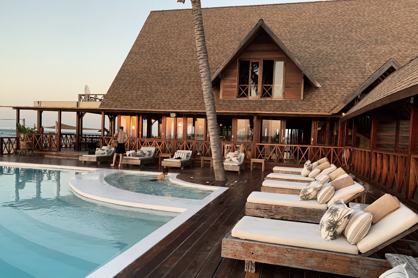 Resort poolside at sunset